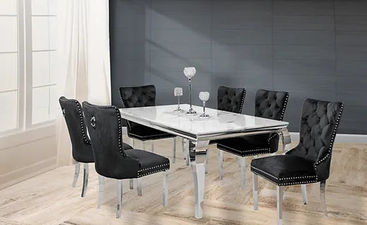 Kennedy Marble 63" Dining Table +6 Black Munich Chairs