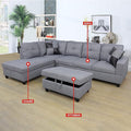 UBGO Living Room Furniture Sets,L-Shape Couch with Chaise Lounge & Storage Ottoman,Linen Sofas & Couches,3-Piece Sectional Sofa Set for Small Space Apartments- Grey (Left Hand Facing)