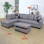 UBGO Living Room Furniture Sets,L-Shape Couch with Chaise Lounge & Storage Ottoman,Linen Sofas & Couches,3-Piece Sectional Sofa Set for Small Space Apartments- Grey (Left Hand Facing)