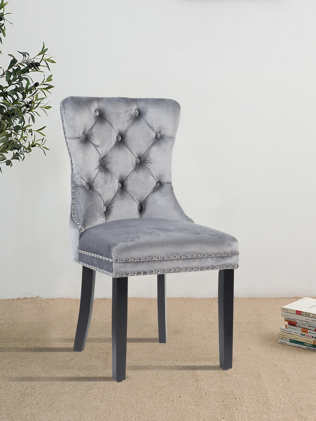 MADRID VELVET DINING CHAIR WITH NAILHEAD TRIM & CHROME KNOCKER – LUXURY BUTTON-TUFTED DINING CHAIR