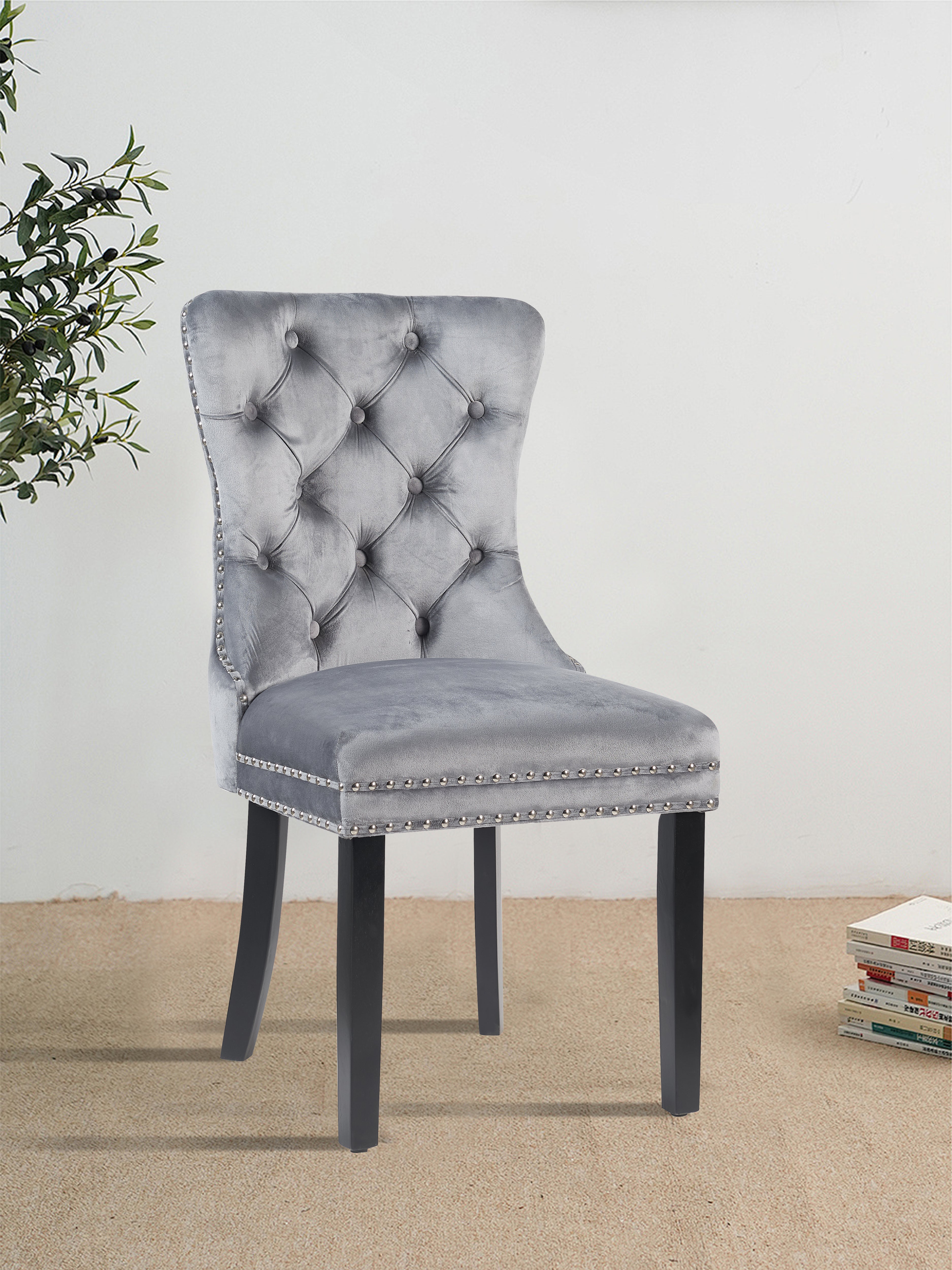 MADRID VELVET DINING CHAIR WITH NAILHEAD TRIM & CHROME KNOCKER – LUXURY BUTTON-TUFTED DINING CHAIR