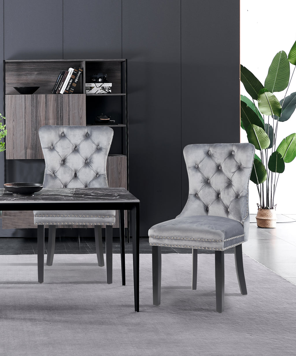 MADRID VELVET DINING CHAIR WITH NAILHEAD TRIM & CHROME KNOCKER – LUXURY BUTTON-TUFTED DINING CHAIR