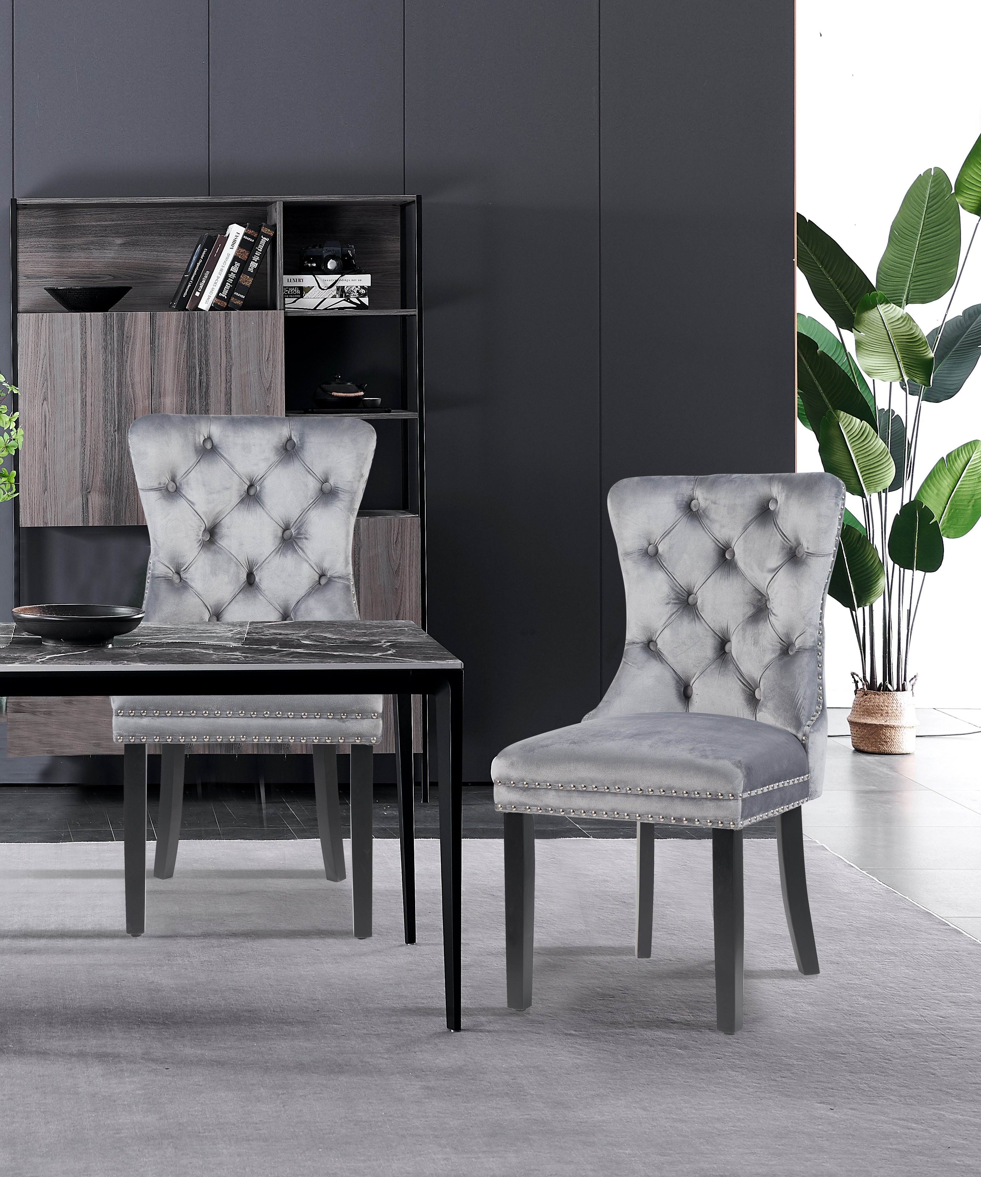 MADRID VELVET DINING CHAIR WITH NAILHEAD TRIM & CHROME KNOCKER – LUXURY BUTTON-TUFTED DINING CHAIR