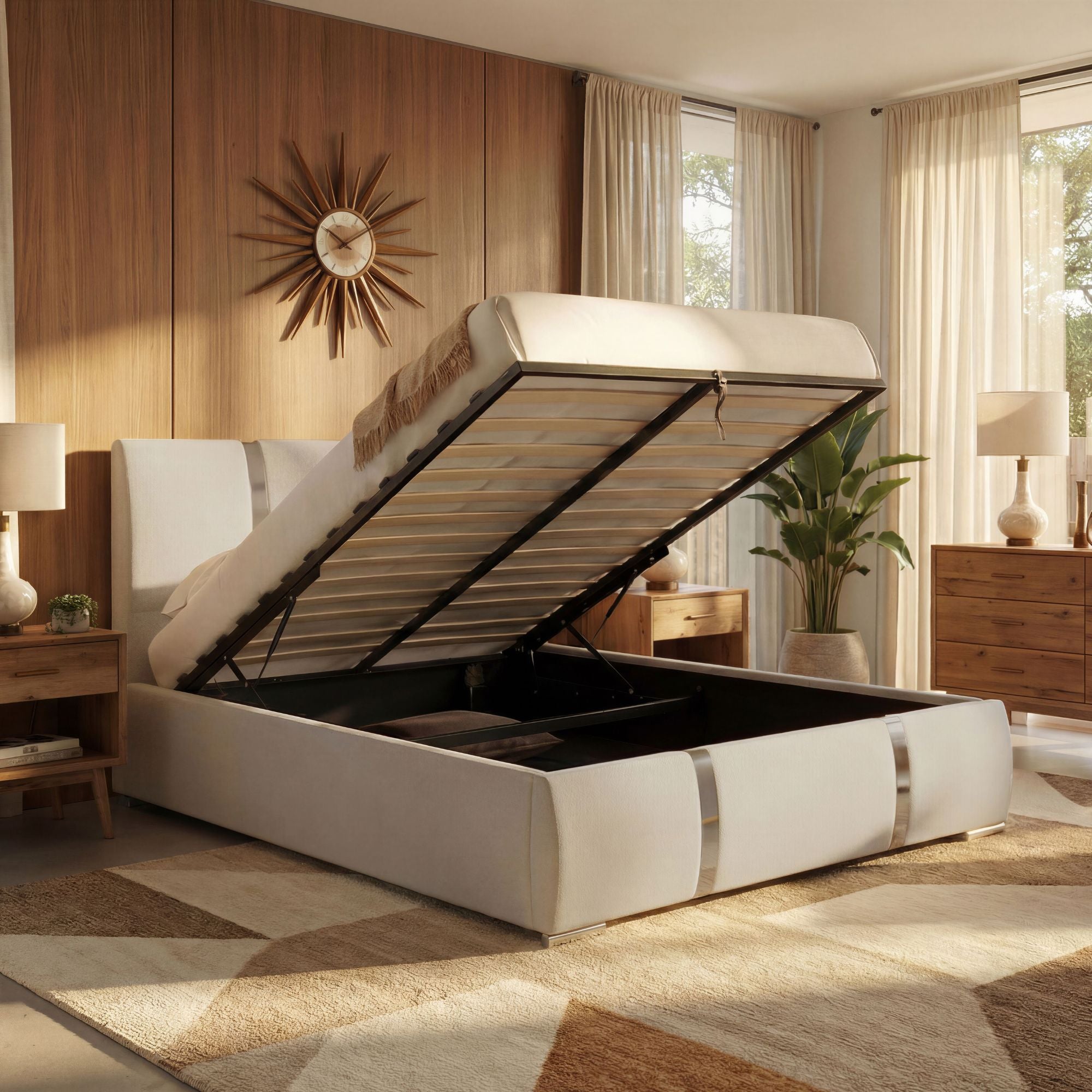 Milan Vegan Leather Bed With Lift Top Storage Light Grey Queen/King