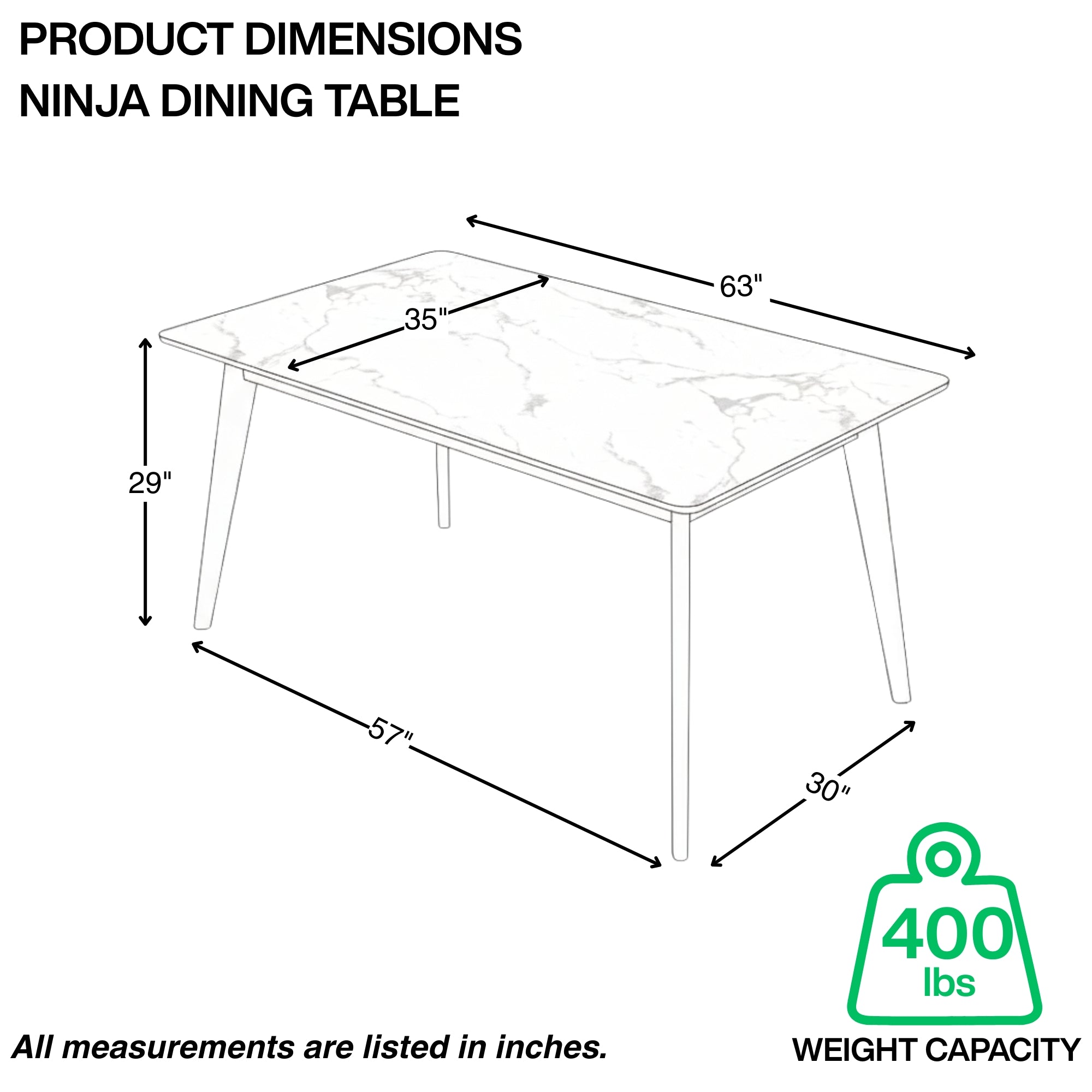 Ninja 63" Modern Dining Table with Black Steel Legs