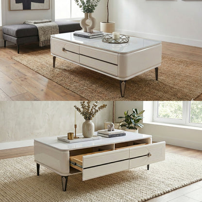 High-Gloss White Coffee Table with Storage Drawers