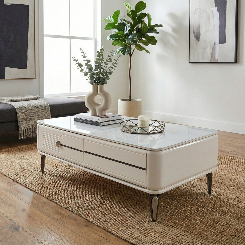 High-Gloss White Coffee Table with Storage Drawers