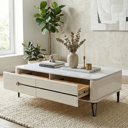 High-Gloss White Coffee Table with Storage Drawers