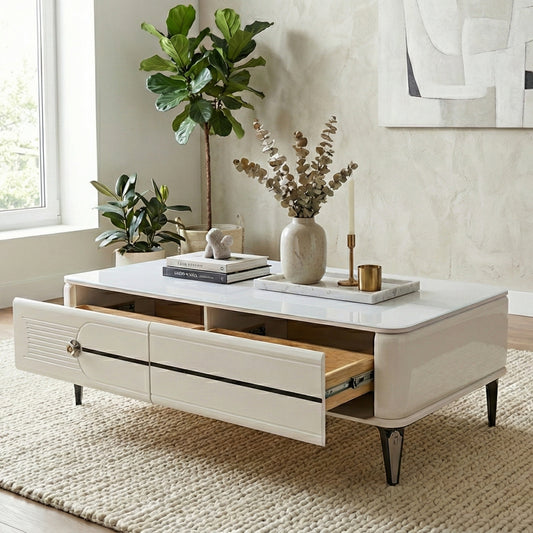 High-Gloss White Coffee Table with Storage Drawers