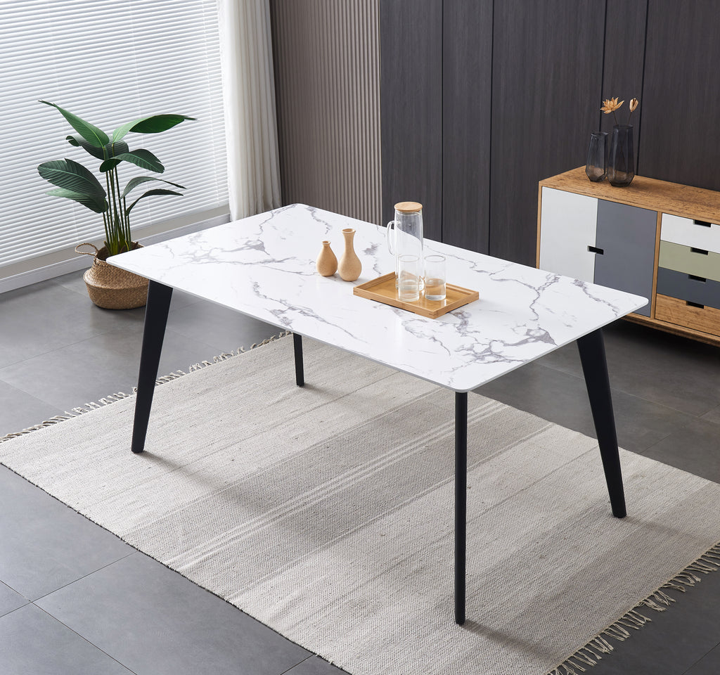 Table de salle à manger moderne Ninja 63" - Plateau en faux marbre blanc et pieds en acier noir