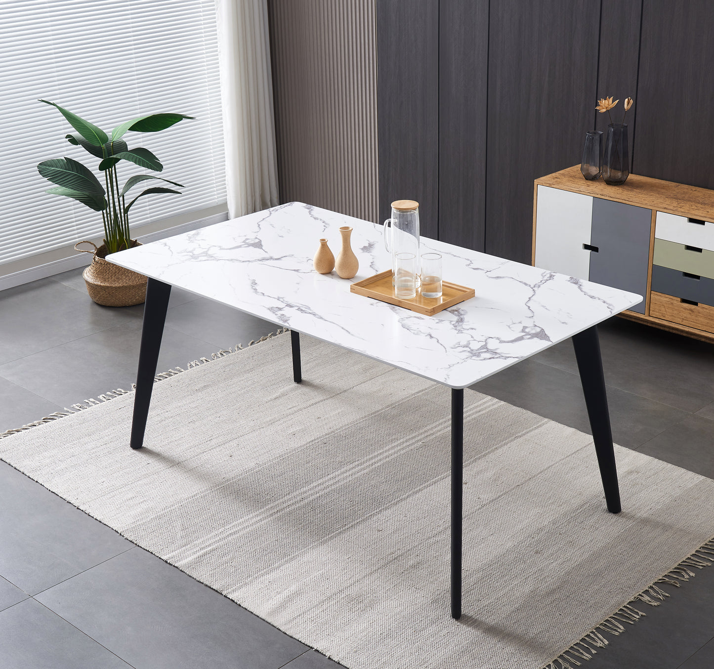 Ninja 63" Modern Dining Table - White Faux Marble Top with Black Steel Legs
