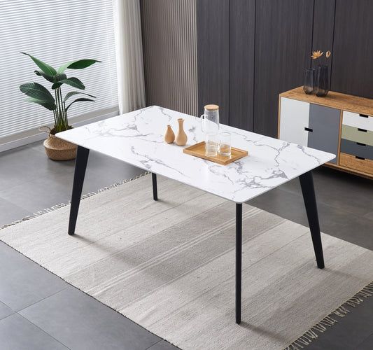 Ninja 63" Modern Dining Table - White Faux Marble Top with Black Steel Legs