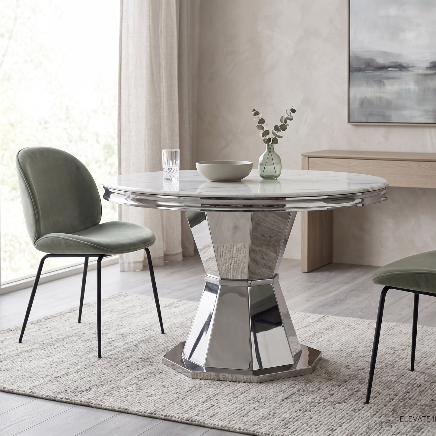 Table à manger ronde avec plateau en marbre blanc Rocco