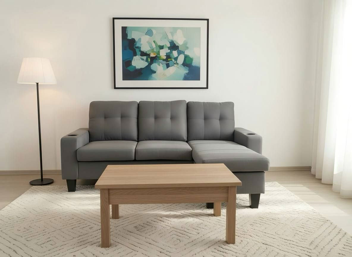 Modern L-Shaped Sectional Sofa - Dark Grey with 2 Cup Holders