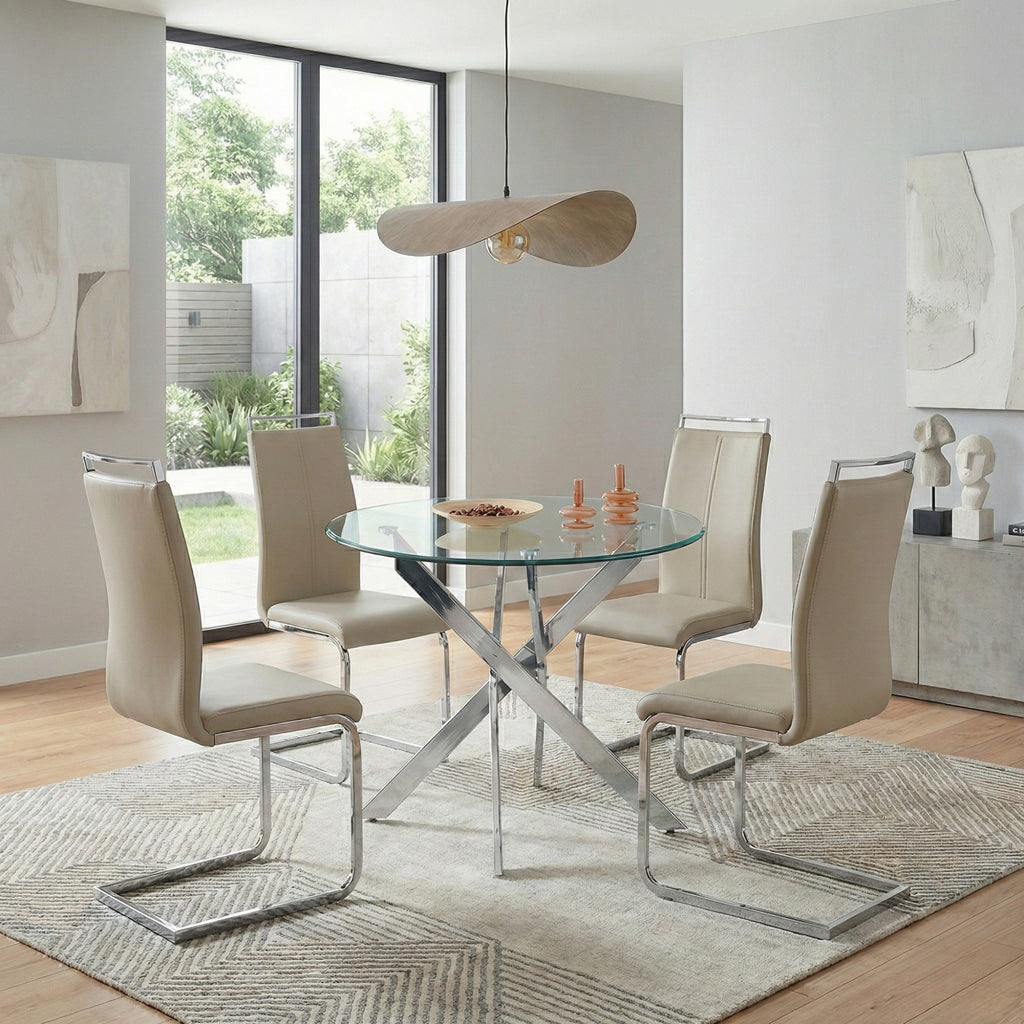 Modern Sword 5-Piece Round Glass Dining Set – 12mm Tempered Glass Table with Faux Leather Chairs