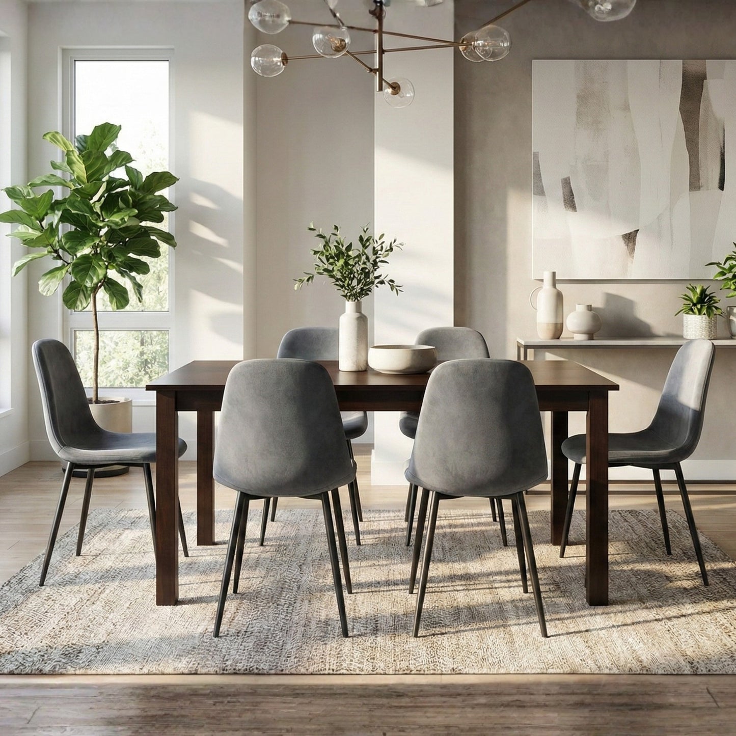 UNIVERSAL ESPRESSO WOOD DINING TABLE WITH GREY BLACK PREMIUM VELEVET CHAIRS