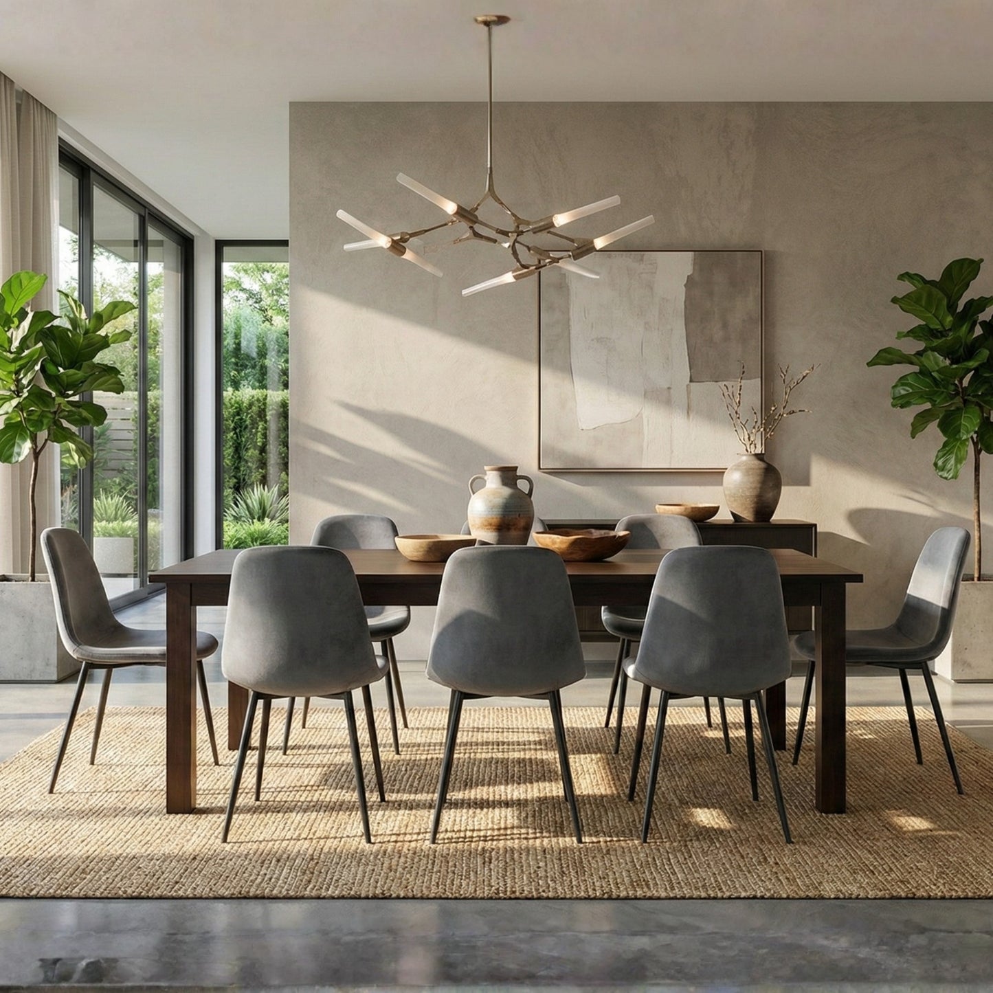 UNIVERSAL ESPRESSO WOOD DINING TABLE WITH GREY BLACK PREMIUM VELEVET CHAIRS