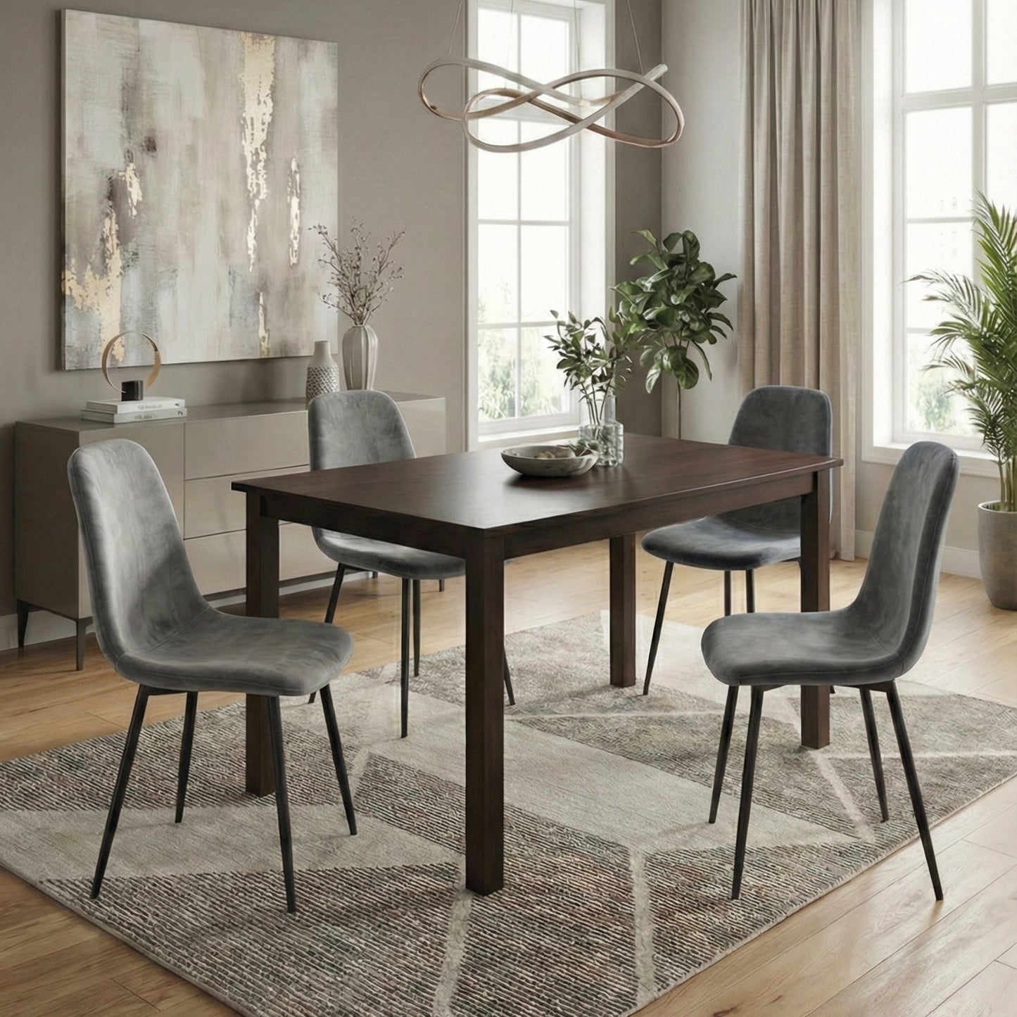 UNIVERSAL ESPRESSO WOOD DINING TABLE WITH GREY BLACK PREMIUM VELEVET CHAIRS