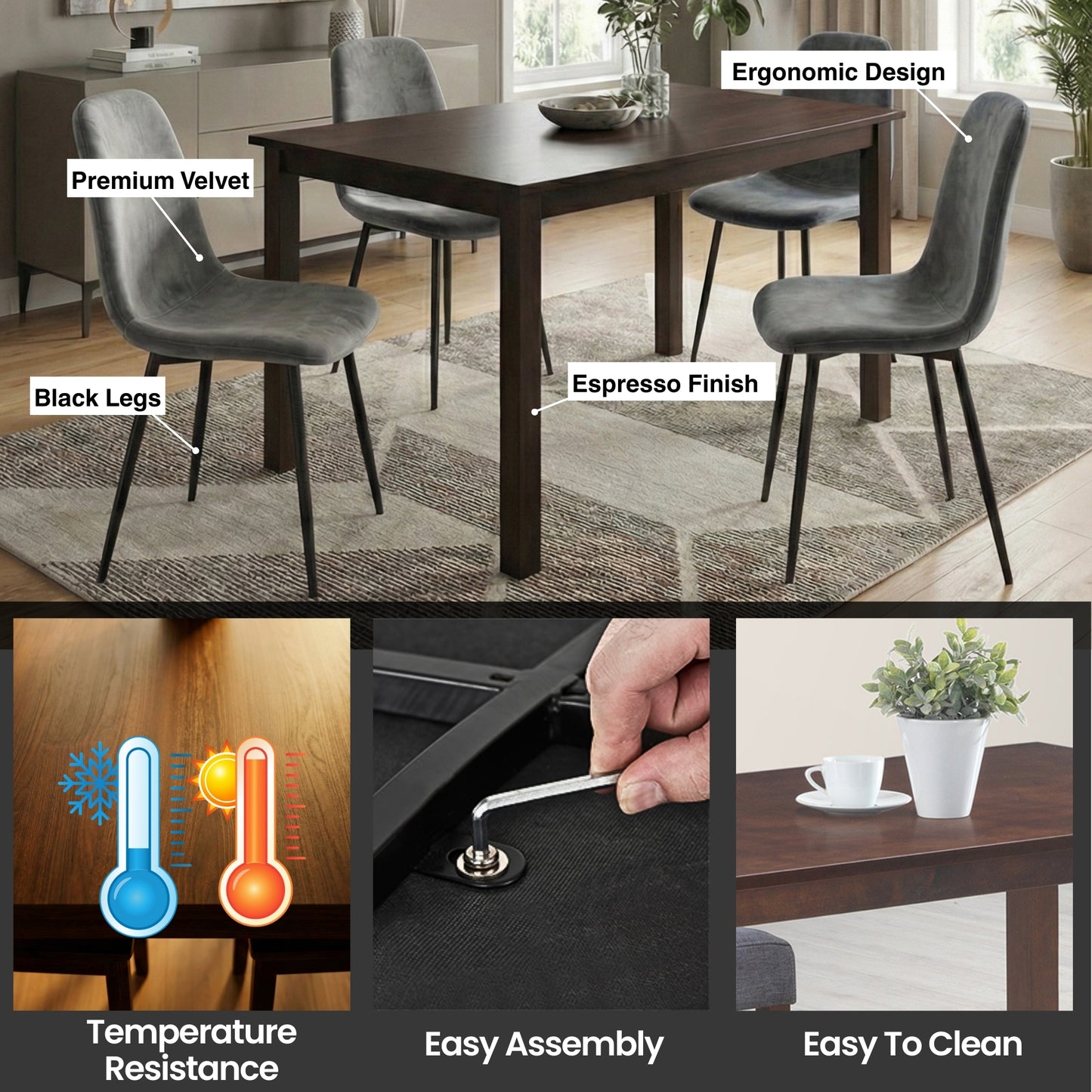 UNIVERSAL ESPRESSO WOOD DINING TABLE WITH GREY BLACK PREMIUM VELEVET CHAIRS