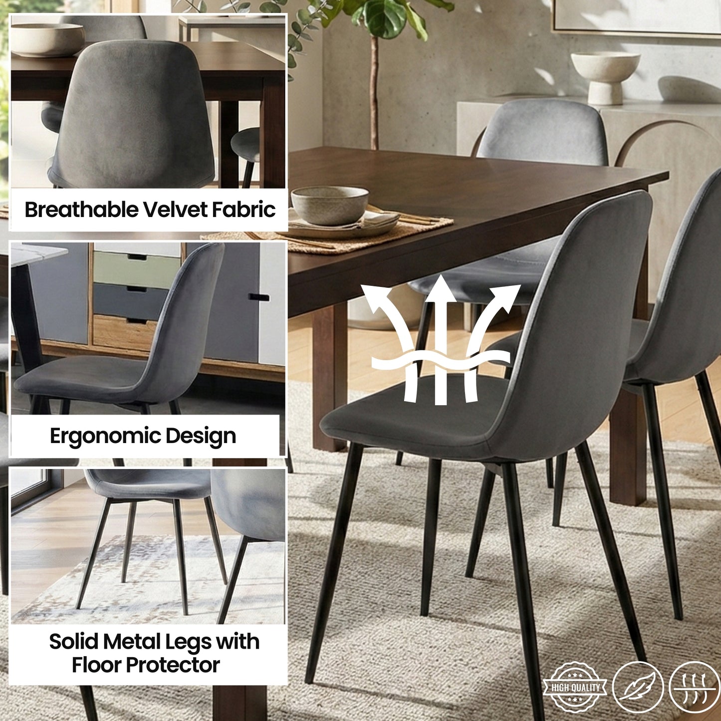 UNIVERSAL ESPRESSO WOOD DINING TABLE WITH GREY BLACK PREMIUM VELEVET CHAIRS