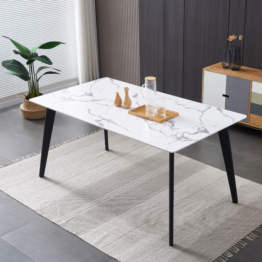 Ninja 63" Modern Dining Table - White Faux Marble Top with Black Steel Legs