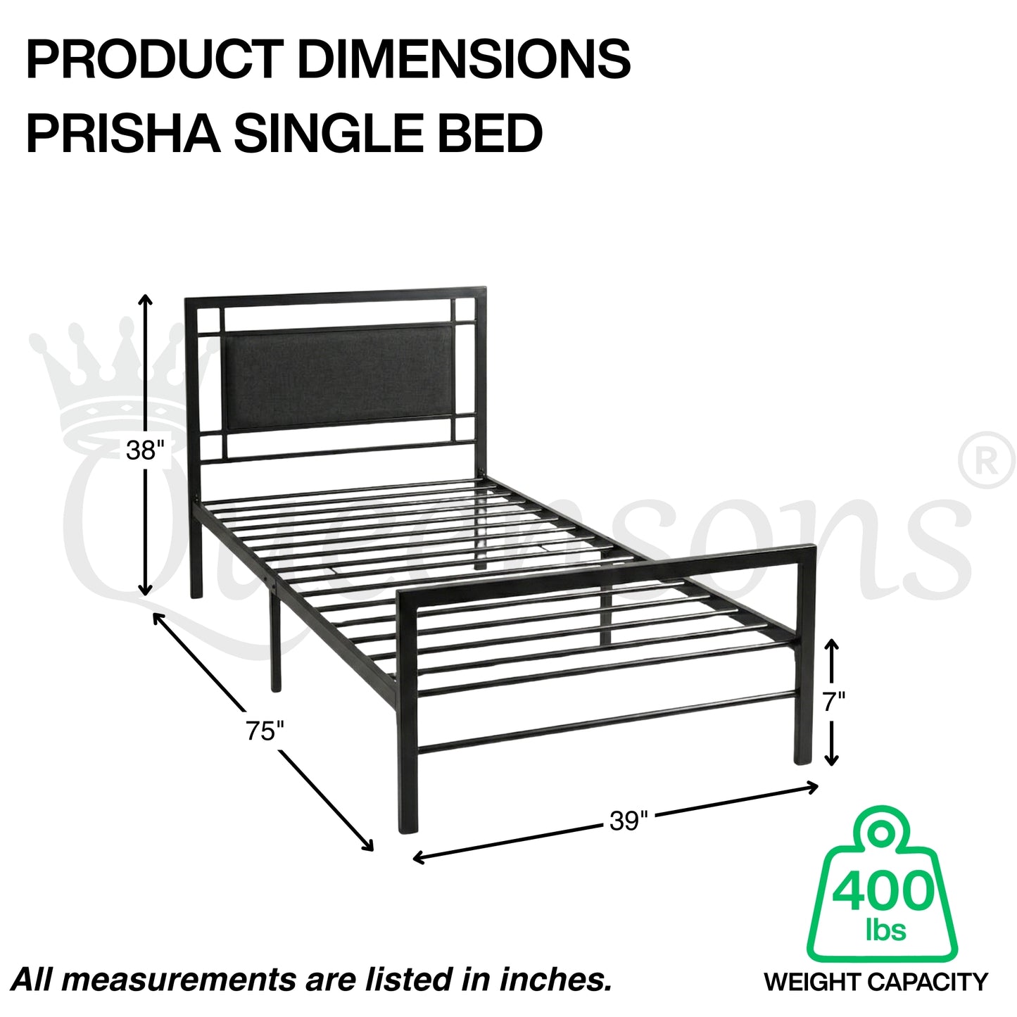 Metal Platform Bed with Upholstered Headboard – Single Size