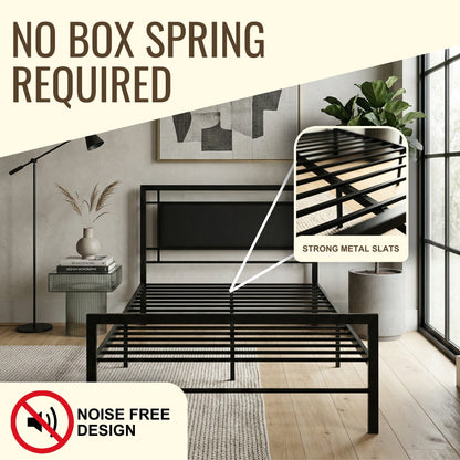 Metal Platform Bed with Upholstered Headboard – Single Size