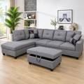Grey L-shaped sectional sofa with chaise and storage ottoman