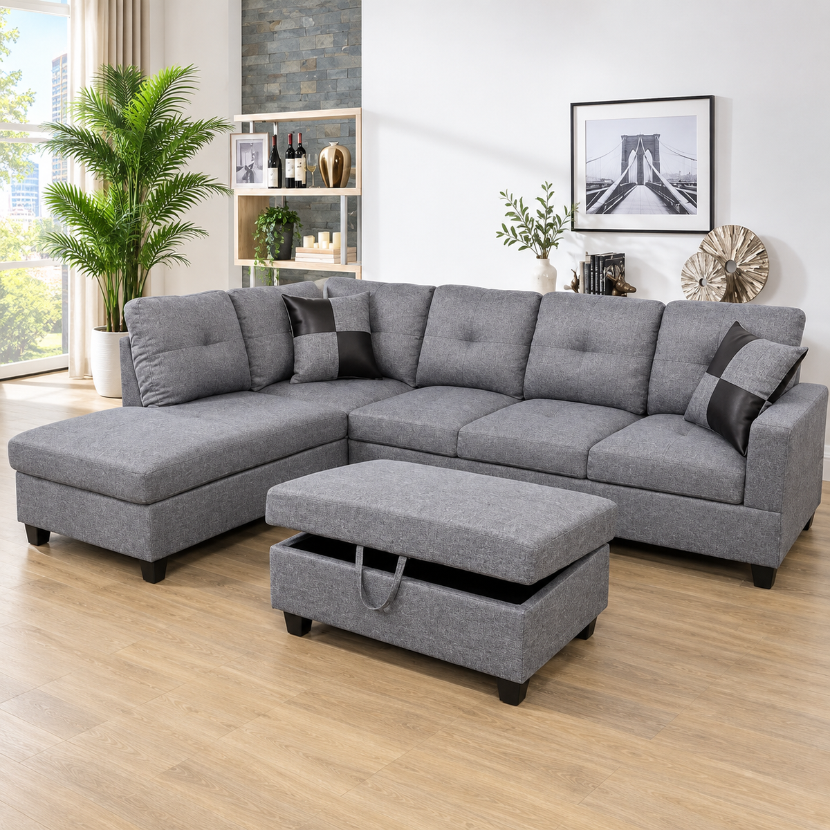 Grey L-shaped sectional sofa with chaise and storage ottoman