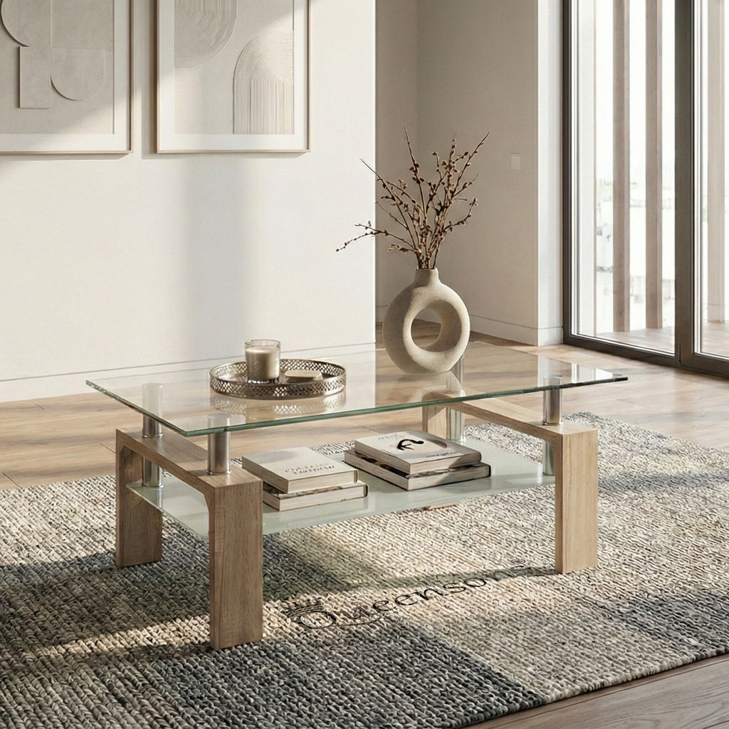 Infinity Cherry Coffee Table with Tempered Glass & Storage Shelf  (42"x24")