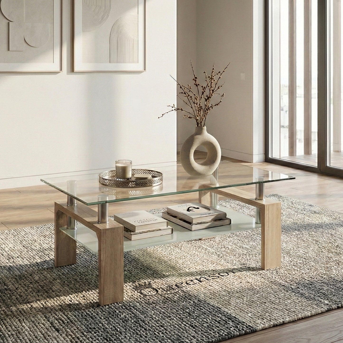 Infinity Cherry Coffee Table with Tempered Glass & Storage Shelf  (42"x24")