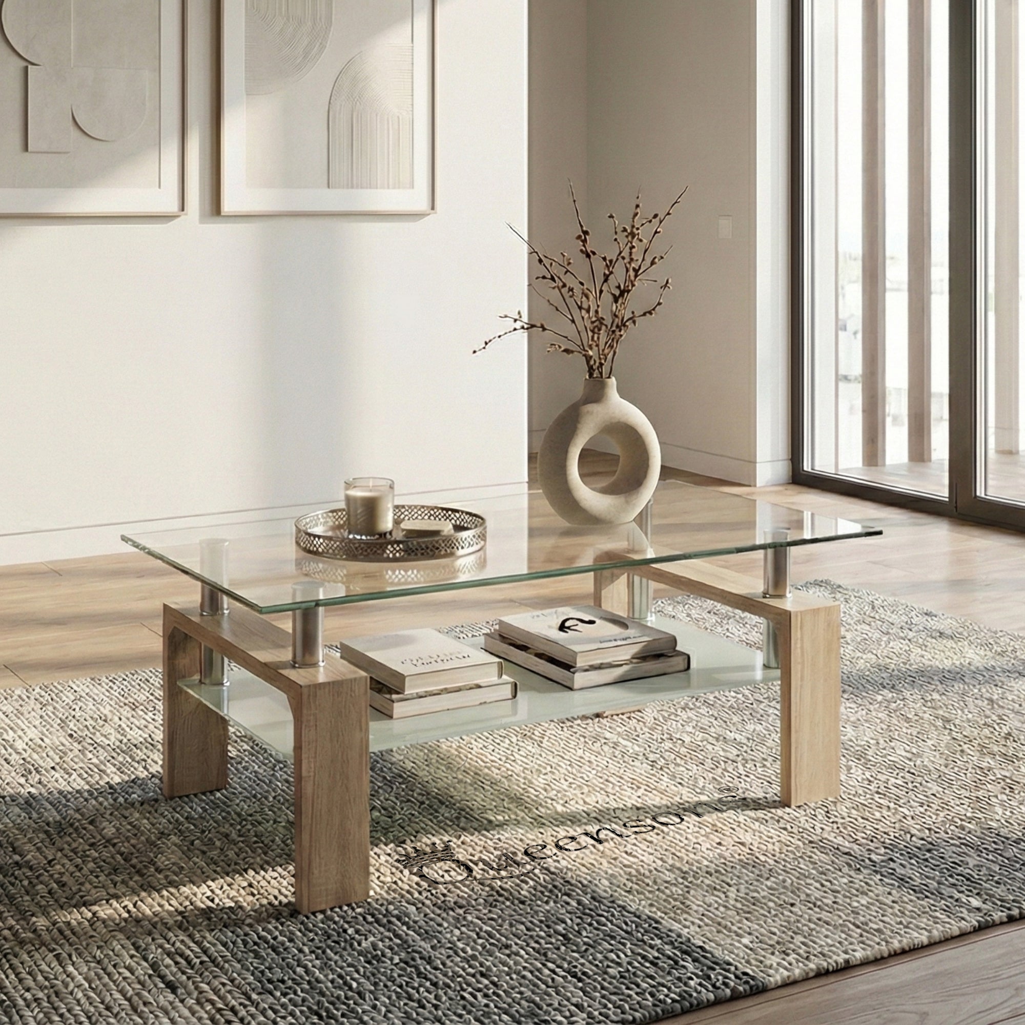 Infinity Cherry Coffee Table with Tempered Glass & Storage Shelf  (42"x24")