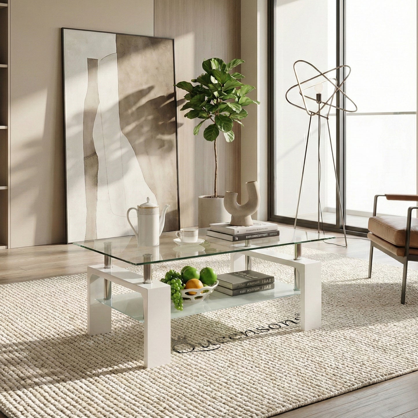 Infinity Cherry Coffee Table with Tempered Glass & Storage Shelf  (42"x24")