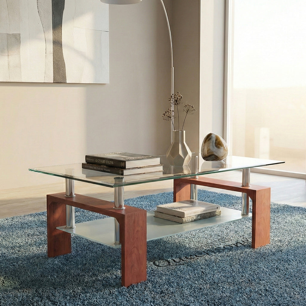 Infinity Cherry Coffee Table with Tempered Glass & Storage Shelf  (42"x24")