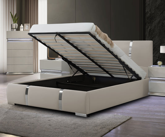 Milan Vegan Leather Bed With Lift Top Storage Light Grey Queen/King