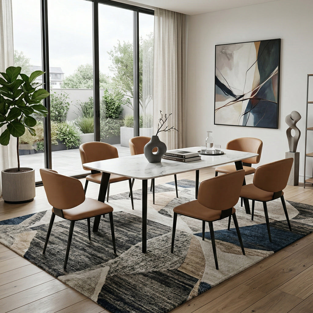 Table de salle à manger moderne Ninja 63" - Plateau en faux marbre blanc et pieds en acier noir