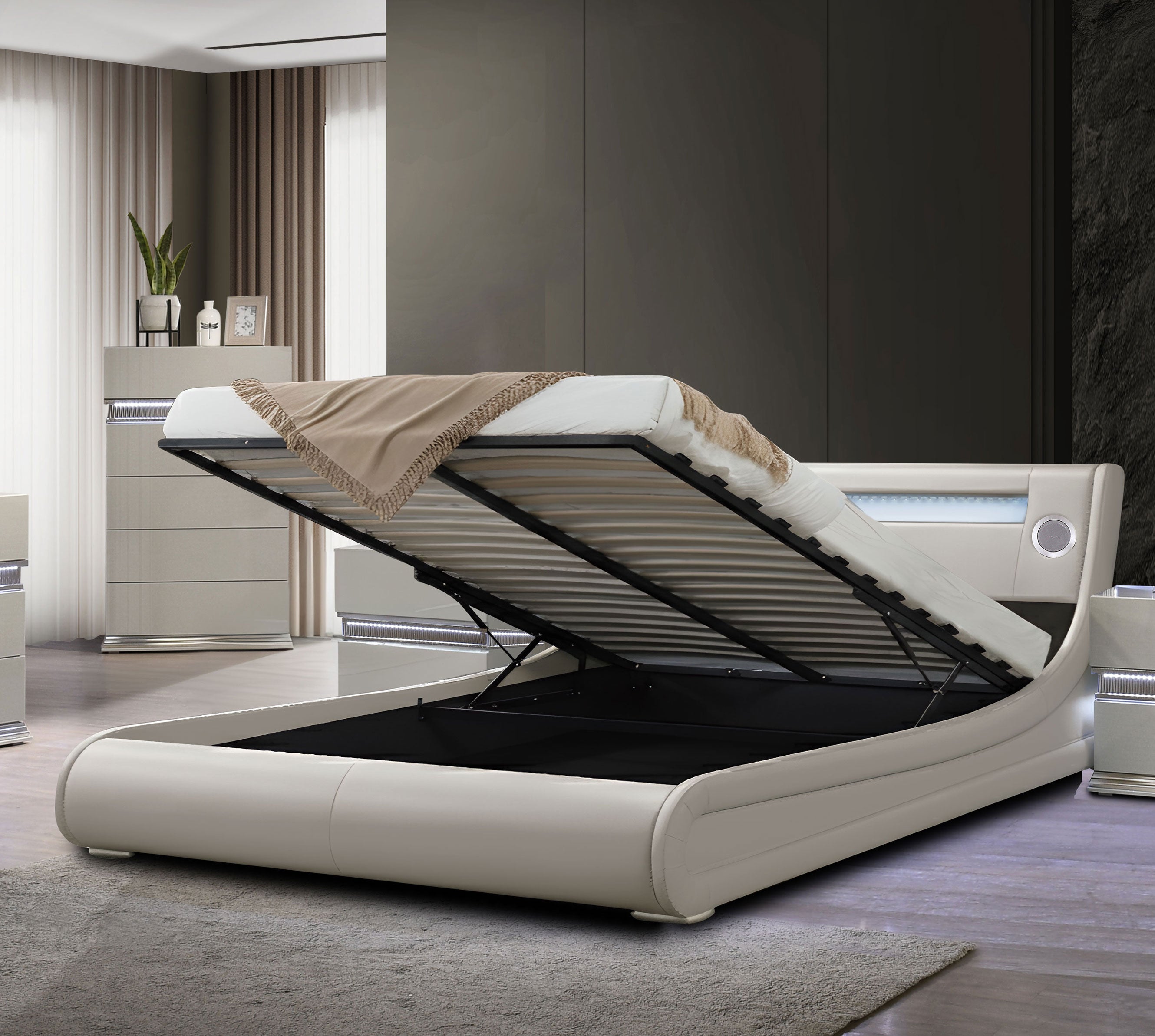 NEW Paris Vegan Leather Bed With Lift Top Storage Queen