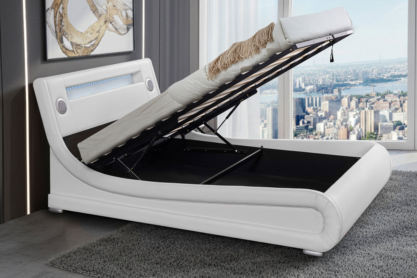 NEW Paris Vegan Leather Bed With Lift Top Storage Queen