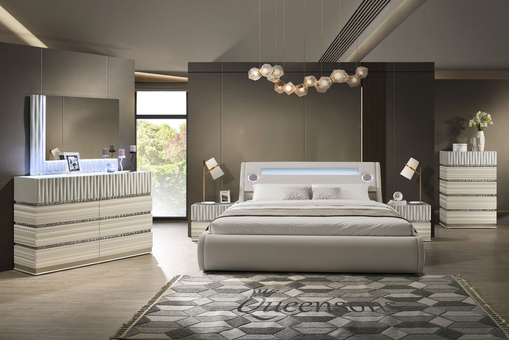 Lit neuf Paris en cuir végétalien avec rangement intégré, format Queen