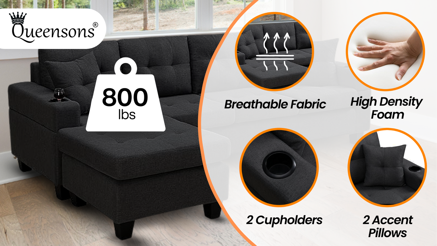 Devan Reversible Chaise Sectional Sofa with Cupholders