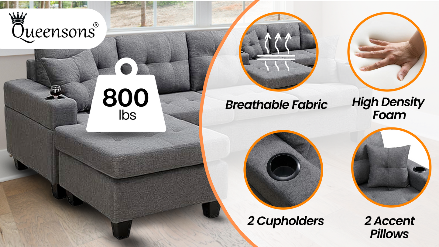 Devan Reversible Chaise Sectional Sofa with Cupholders