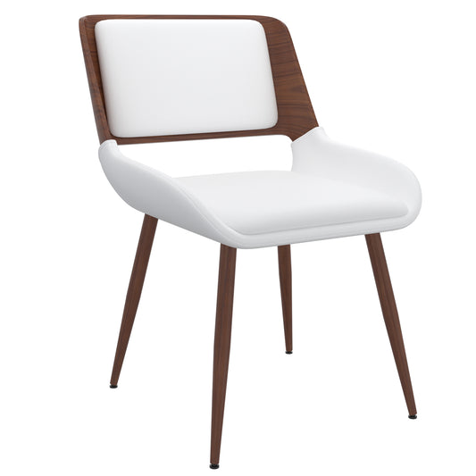 Hudson Side Chair in White Faux Leather and Walnut