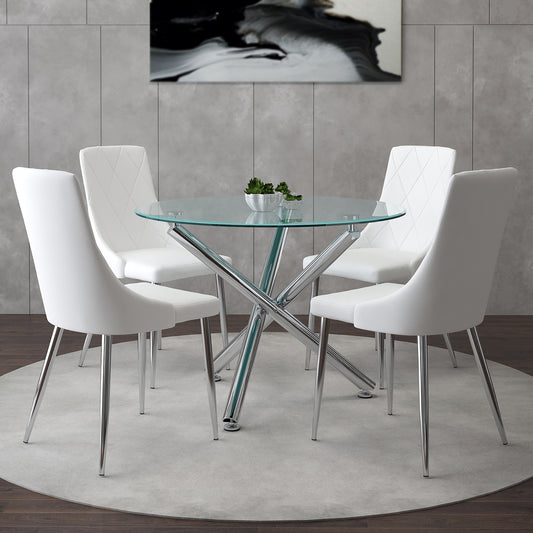 Solara/Devo Dining Set in Chrome with White Chair (Table + 4 Chairs)