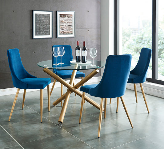 Carmilla Dining Set in Aged Gold with Blue Chair (Table + 4 Chairs)