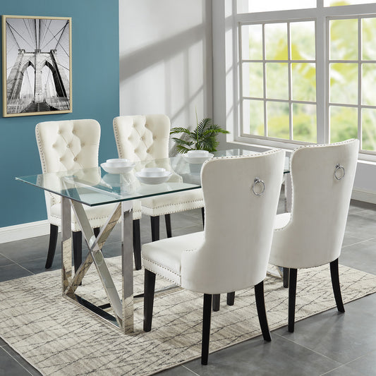 Lorenzo/Rizzo Dining Set in Chrome with Ivory Chair (Table + 4 Chairs)