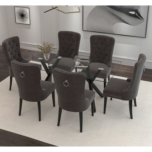 Stark/Rizzo Dining Set in Black with Grey Velvet Chair (Table + 6 Chairs)