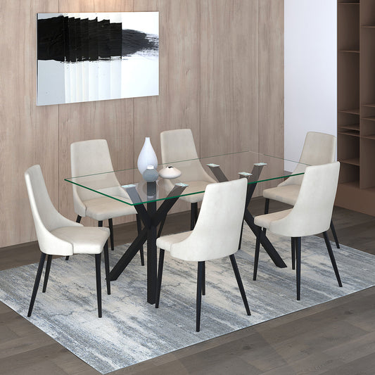 Stark/Venice Dining Set in Black with Beige Chair (Table + 6 Chairs)