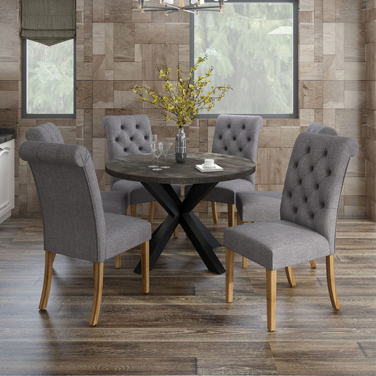 Arhan/Melia Dining Set in Dark Grey with Grey Chair (Table + 6 Chairs)
