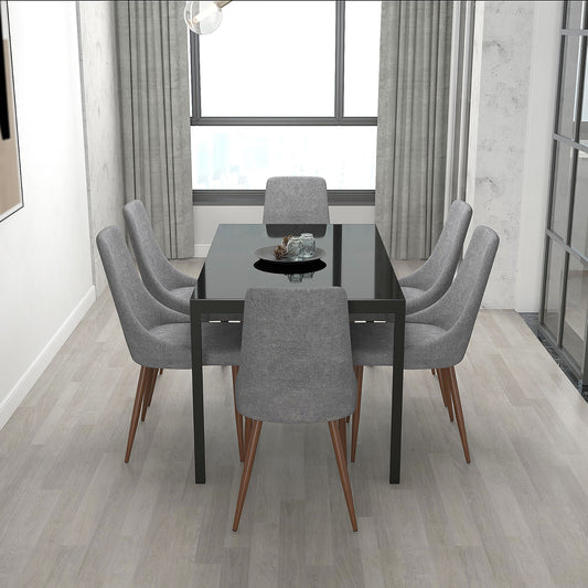 Contra/Cora Dining Set in Black with Grey Chair (Table + 6 Chairs)
