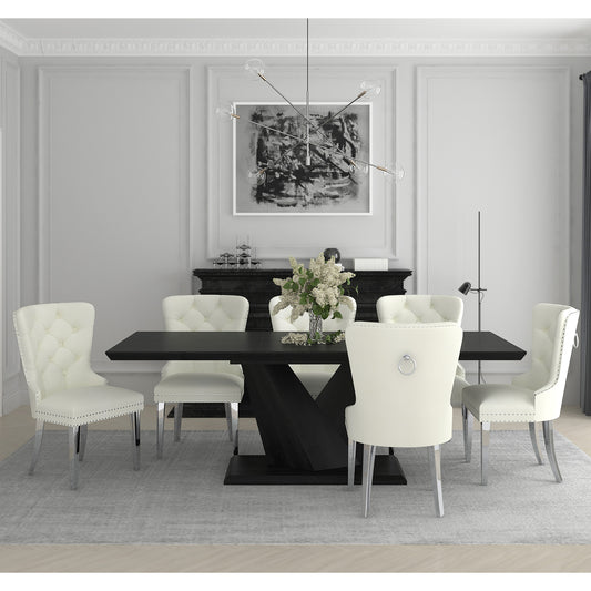 Eclipse/Hollis Dining Set in Black with Ivory Chair (Table + 6 Chairs)